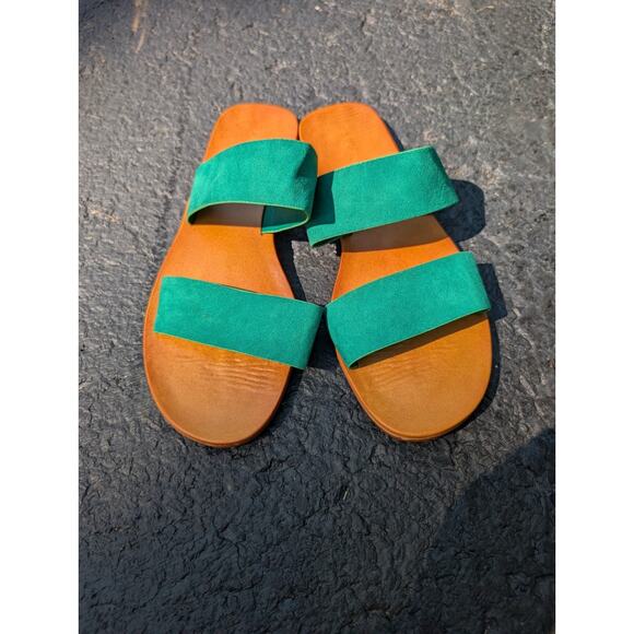 Bamboo Womens Moondance 19 Flat Slip On Sandals Slides Sz 8 38 Green Tan Coastal - Picture 2 of 6